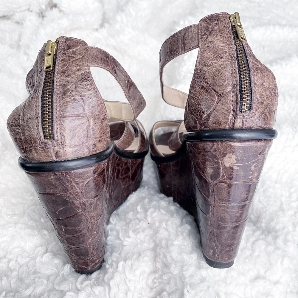 Talbots Brown Croc Embossed Leather Platform Wedge Sandals Size 7